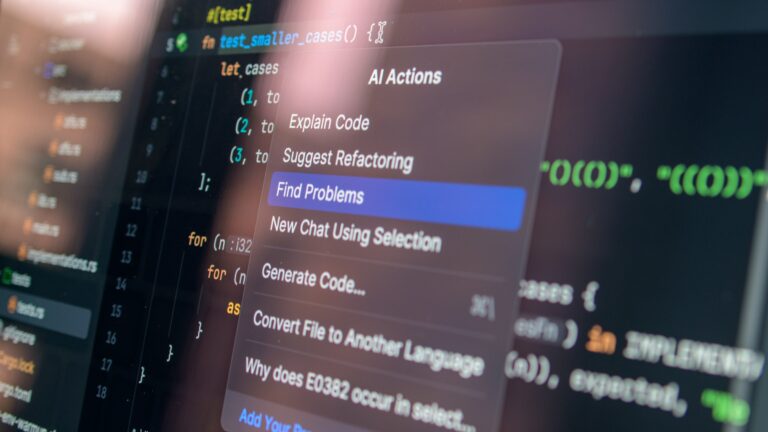 A code editor showing an AI actions menu with options to explain code and find problems
