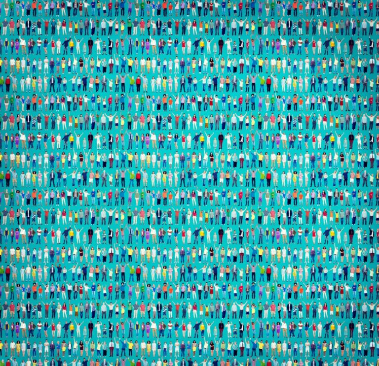 A large crowd of people arranged in rows on a teal background