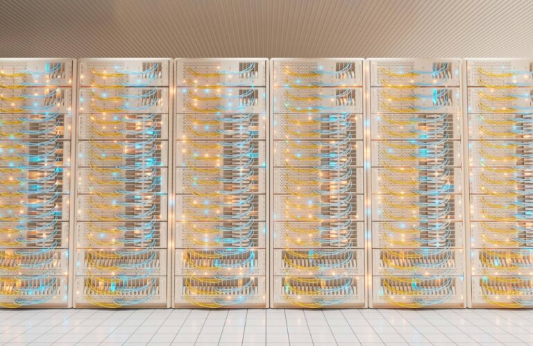 Rows of server racks with glowing network cables