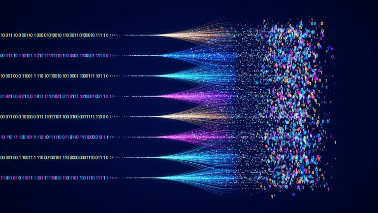 Streams of binary code flowing into colorful data particles