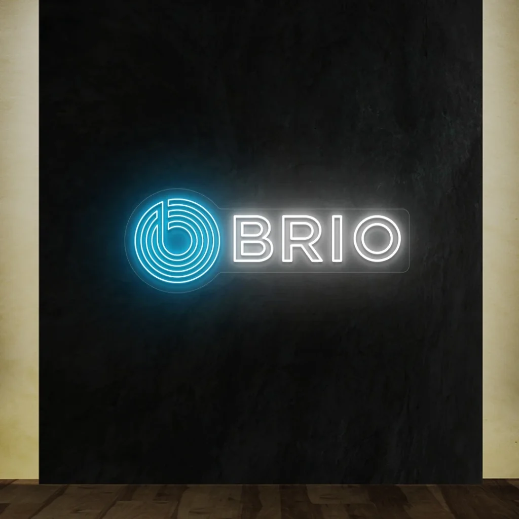 The BRIO logo as a glowing neon sign on a dark wall