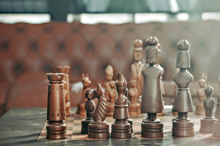 Chess pieces on a board in selective focus