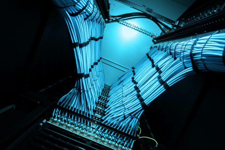Bundles of blue network cables connected to a server rack