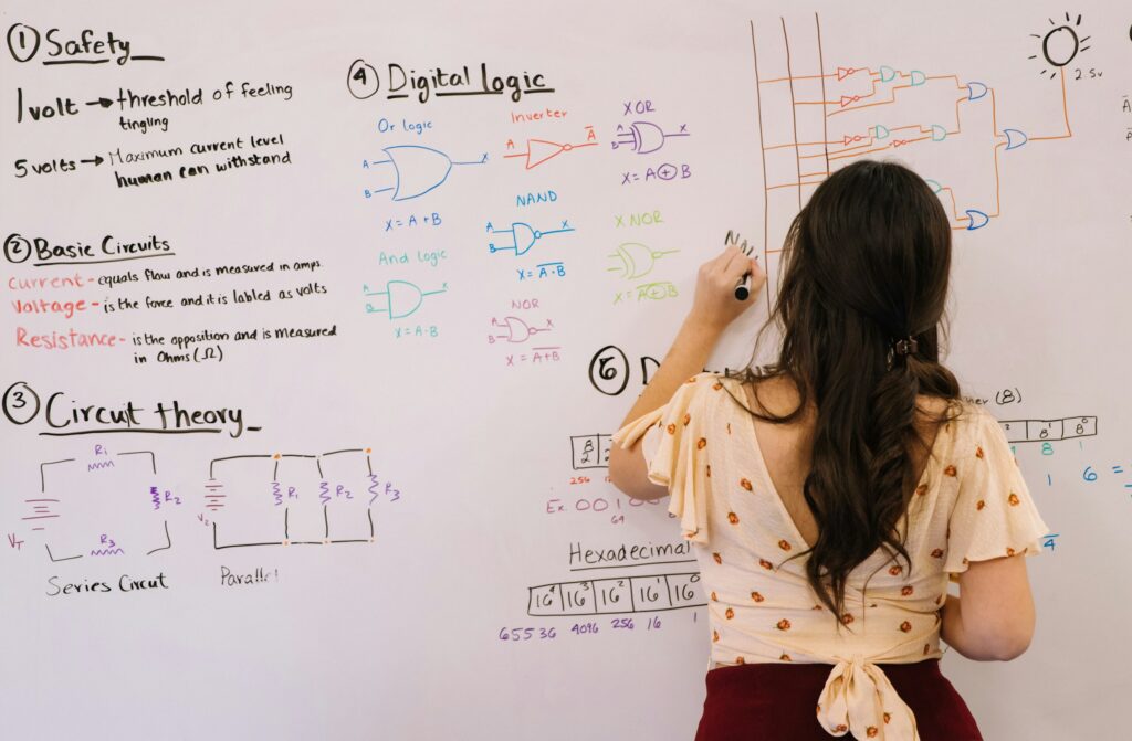 A woman working through a plan on a board covered in notes