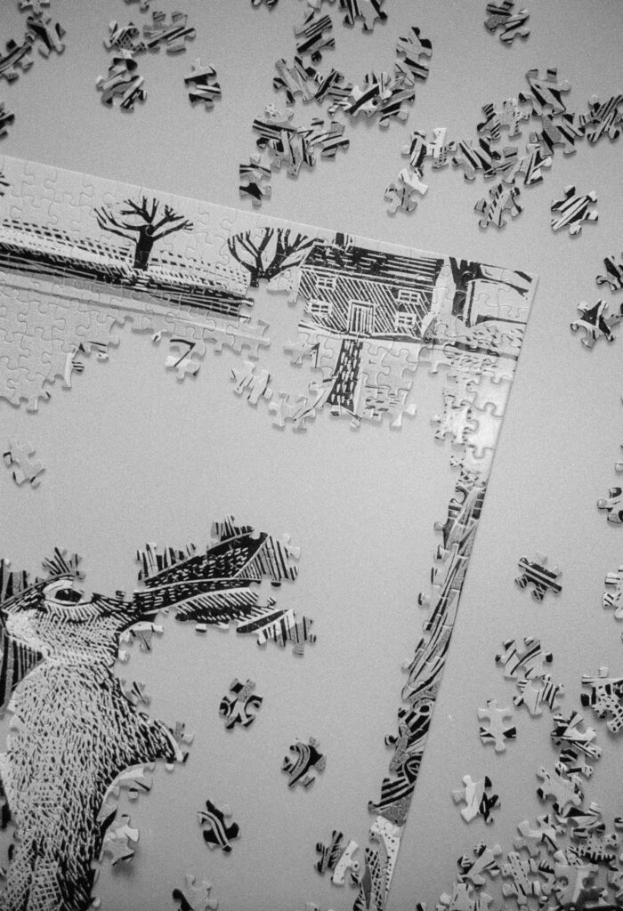 Scattered puzzle pieces and a partly assembled puzzle