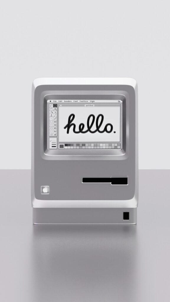 Vintage computer displaying hello